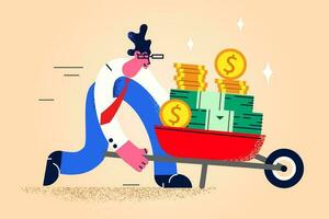 Male employee with cart full of money banknotes collect dividend from successful investment. Happy businessman or entrepreneur get financial benefit or income. Flat vector illustration.