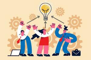 Diverse happy businesspeople brainstorm generate creative business idea together. Smiling employees or colleagues think develop startup or project. Innovation, teamwork. Vector illustration.