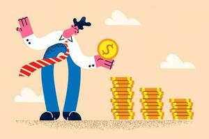 Happy businessman stack golden coins get dividend from successful investment. Smiling male employee or worker receive money income or profit. Financial success. Flat vector illustration.