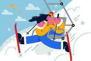 Overjoyed young woman in outerwear enjoy winter holidays in mountains. Smiling girl relax rest on vacation skiing on resort. Relaxation and recreation. Flat vector illustration.