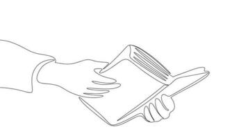 Open book in hands isolated on white background. One line continuous vector illustration. Line art, outline.