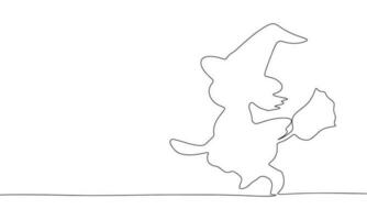 One Continuous line drawing of little witch on a broomstick. Thin curls and romantic symbols in simple linear style. Minimalistic Doodle vector illustration