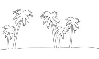 One Continuous line drawing of palm trees. Thin curls and romantic symbols in simple linear style. Minimalistic Doodle vector illustration