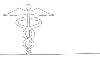 One Continuous line drawing of Caduceus as a symbol of medicine. Thin curls and romantic symbols in simple linear style. Minimalistic Doodle vector illustration