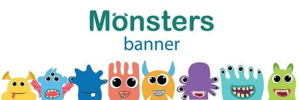 Monsters banner. Halloween background creative design. Abstract horizontal banner Halloween day. Vector illustration.