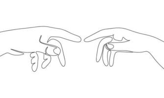 Touch two hands and fingers isolated on white background. One line continuous vector illustration. Line art, outline.