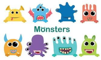 Collection of peeking out monsters characters. Set of Halloween monsters. Vector illustration.