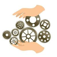 Cog or gear wheels symbol above and in hands - machinery care concept vector