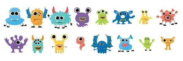 Cute Monsters Vector Set. Kids cartoon character design for poster, baby products logo and packaging design.