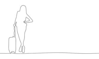 Woman with suitcase in continuous line art drawing style. Silhouette of woman with suitcase, travel concept. Black linear sketch isolated on white background. Vector illustration