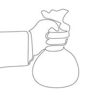 Continuous one line drawing hand with bag money. Vector illustration finance concept line art, outline silhouette.