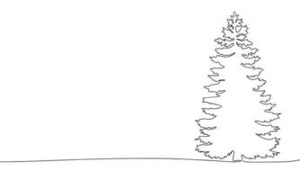 One line spruce tree. Line art Christmas tree. One line continuous minimal Christmas banner. Outline vector illustration.