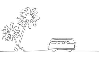 Travel van in continuous line art drawing style. Silhouette of palm tree and van. Black linear sketch isolated on white background. Vector illustration