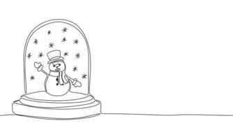 Continuous line snowball toy with snowman art. Single line Christmas decor concept. Line art, outline, banner in minimalism style. Vector illustration