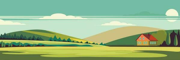 Panoramic views of large hills, beautiful meadows with flowers. Flat cartoon landscape with nature. Stock vector illustration.