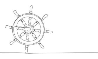 Ship steering in continuous line art drawing style. Silhouette of ship wheel steering. Black linear sketch isolated on white background. Vector illustration