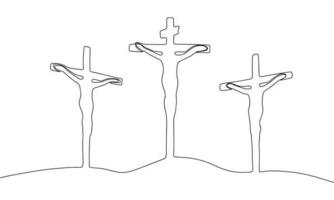 Jesús Cristo crucificado en continuo línea Arte dibujo estilo. silueta de de Jesús de cristo crucifixión. negro lineal bosquejo aislado en blanco antecedentes. vector ilustración