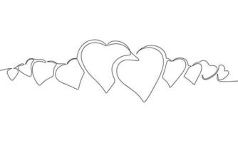 Hearts symbol in row in continuous line art drawing style. Silhouette of Valentine's Day concept. Black linear sketch isolated on white background. Vector illustration