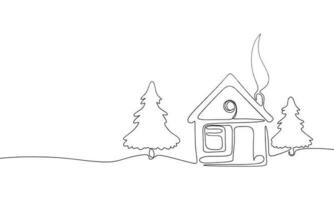 One line winter landscape. Line art house with tree. One line continuous Christmas banner. Outline vector illustration.