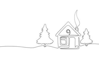 One line winter landscape. Line art house with tree. One line continuous Christmas banner. Outline vector illustration.