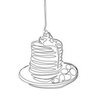 Continuous one line drawing pancakes with jam. Panckakes vector hand drawn silhouette clipart. Sketch isolated on white background