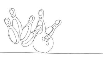 Pins and ball continuous line drawing art. Abstract simple bowling. One line continuous outline isolated vector illustration.