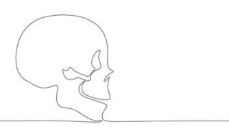 Continuous line drawing of skull of human. Vector illustration as line art outline wallpaper for minimal poster, template, banner