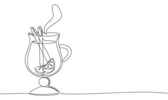 Mulled wine in glass isolated on white background. One line continuous vector illustration. Line art, outline.