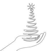 Continuous one line drawing of Christmas tree on hand. Christmas concept minimalist design for logo isolated on white background. Vector illustration