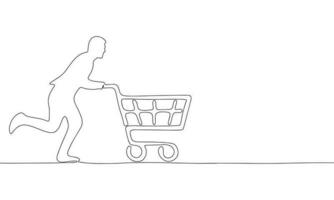 Man with shopping trolley, continuous line drawing art. Abstract simple shopping banner. One line continuous outline isolated vector illustration.