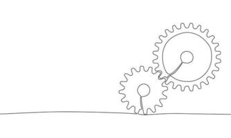 Continuous one line drawing gears, cogs wheels. Vector illustration technology banner concept line art, outline silhouette.