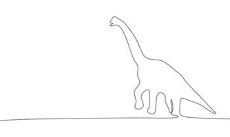 One Continuous line drawing of dinosaur brachiosaurus. Thin curls and romantic symbols in simple linear style. Minimalistic Doodle vector illustration