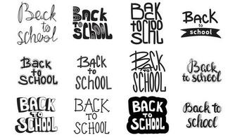 Large collection of phrase Back to school. Hand draw lettering calligraphy education set in black color. Vector illustration.