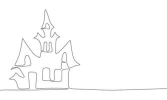 One line scary house. Line art Halloween house. One line continuous Halloween banner. Outline vector illustration.