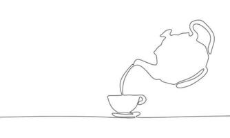 Teapot and cup continuous line drawing art. Abstract simple tea ceremony banner. One line continuous outline isolated vector illustration.