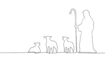 One line shepherd with sheep. Line art born of Jesus. One line continuous religion banner. Outline vector illustration.