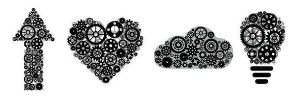 Heart silhouette on the wheel. Arrow from gears. Cloud and lamp on cog wheel. Vector illustration. Collection object from gears.