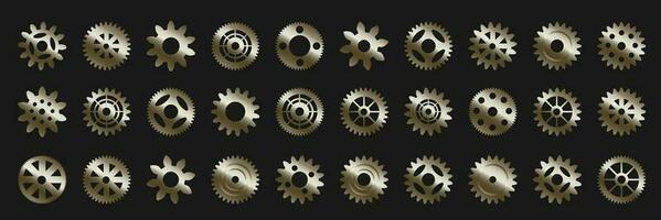 Cogwheels large set. Metal snowflakes industrial components for mechanisms round gear with numerous teeth and spacers hole tracery and graphic engineering powerful transmissions. Vector circle.