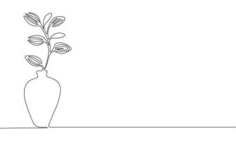 One Line Branch with leaves in vase Vector Drawing. Style Template Flower in vase. Modern Minimalist Simple Linear Style.