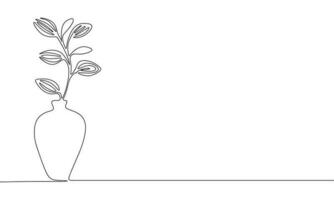 One Line Branch with leaves in vase Vector Drawing. Style Template Flower in vase. Modern Minimalist Simple Linear Style.