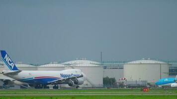 AMSTERDAM, THE NETHERLANDS JULY 27, 2017 - Nippon Cargo Boeing 747 JA14KZ before departure at runway 24 Kaagbaan. Shiphol Airport, Amsterdam, Holland video