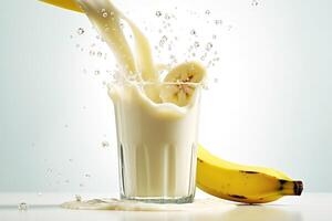 stock photo of glass of milk slice banana with milk splash food photography