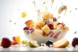 stock photo of fruit salad flying through the air with cheese and mayonnaise food photography