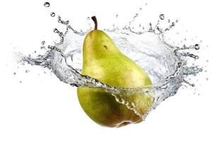 stock photo of water splash with slice pear isolated food photography