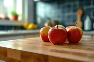 manzanas Fruta en el cocina mesa comida fotografía ai generado foto