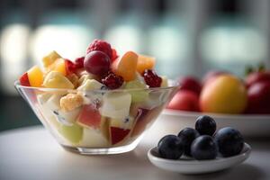 stock photo of fruit salad with cheese and mayonnaise Editorial food photography