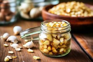 stock photo of fried garlic bits on the jar in table kitchen AI Generated