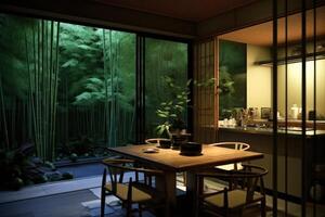 stock photo of a natural japanese kitchen and dining table with bamboo photography