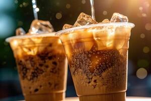 stock photo of Iced coffee in plastic cups with strawflying food photography