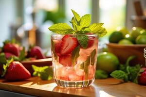 strawberry mojito in the kitchen table Food Photography AI Generated photo